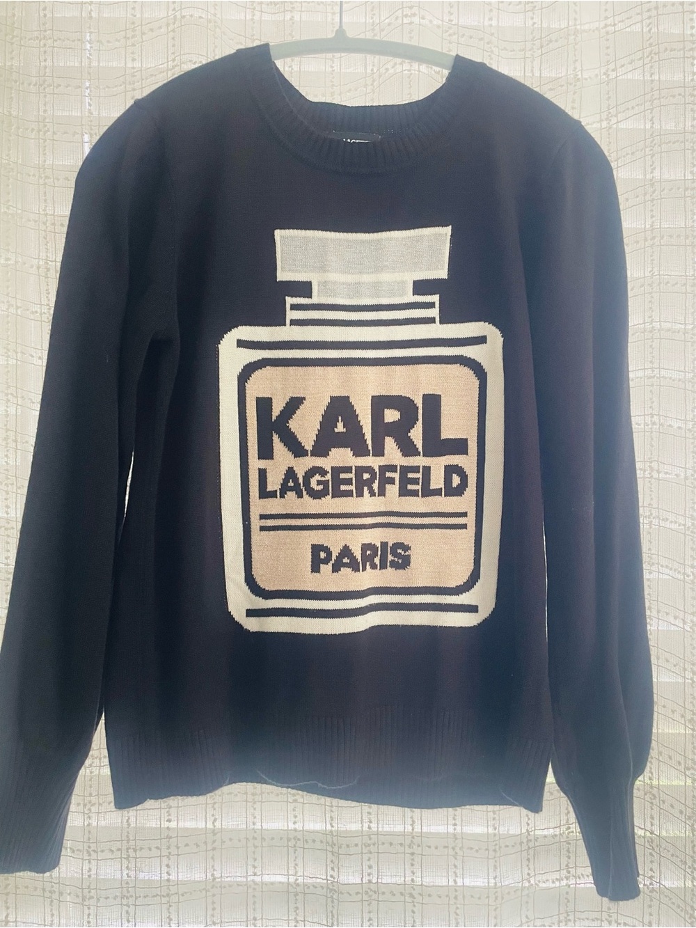 Karl Lagerfeld Black Sweater with Cream Perfume Bottle Motif